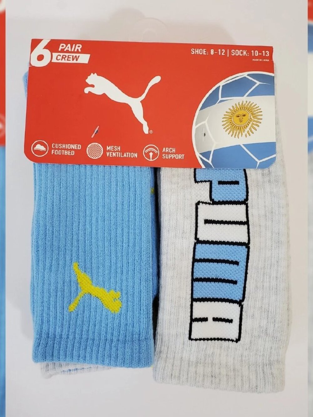 PUMA CREW SOCKS MEN'S 6 PAIR SIZE SHOE 8-12 SOCK 10-13 ARGENTINA SOCCER